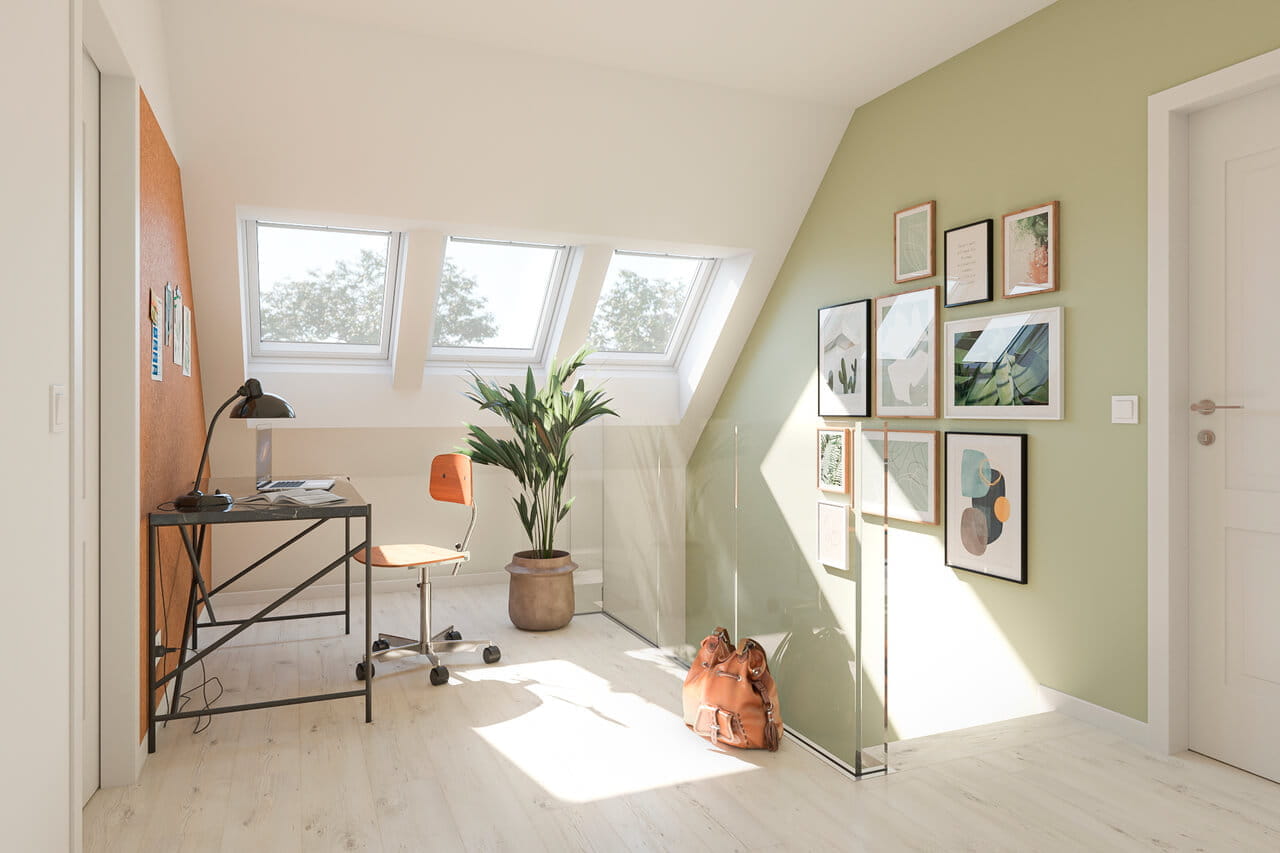 Living space with couch, table and chair in a room with three roof windows side by side