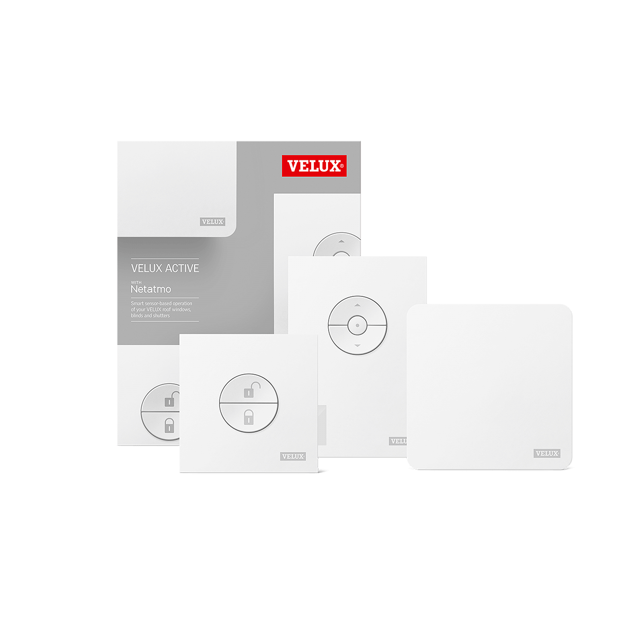 illustration showing the contents of the VELUX ACTIVE starter kit including departure switch, climate sensor and gateway
