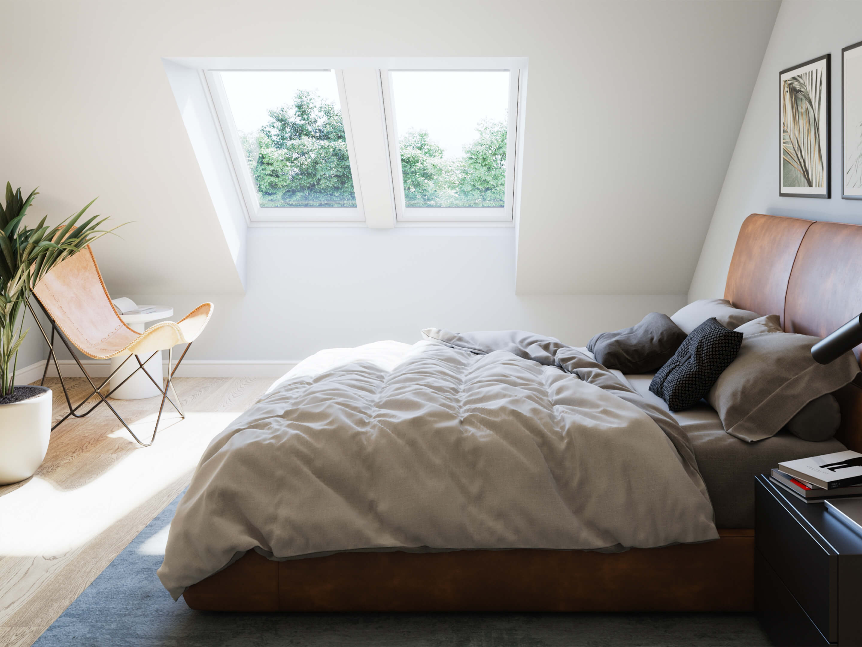 Fereastră de mansardă VELUX alăturată într-un dormitor cu pat dublu